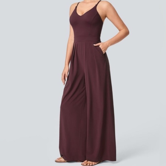 Halara Breezeful Backless Wide Leg Jumpsuit Amaranth Burgundy size Large - Picture 3 of 11